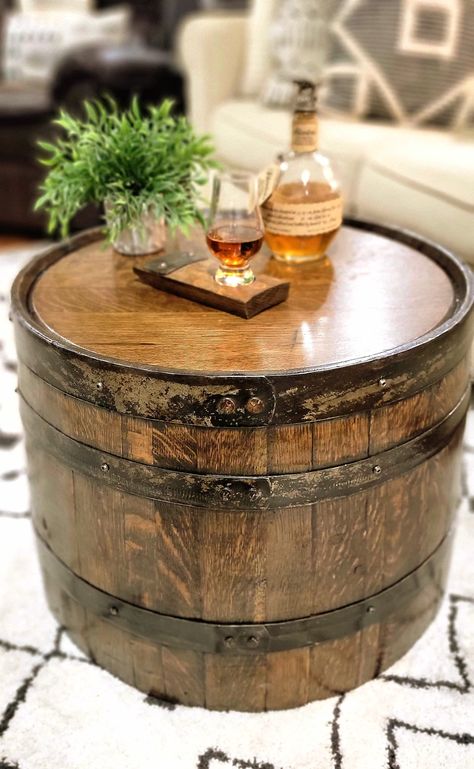 Half Whiskey / Bourbon Barrel Coffee Table Handcrafted From - Etsy Bourbon Barrel Decor, Wine Barrel Coffee Table, Bar Lounge Room, Bar Nook, Whiskey Lounge, Bourbon Room, Wine Barrel Table, Barrel Coffee Table, Sleek Bar