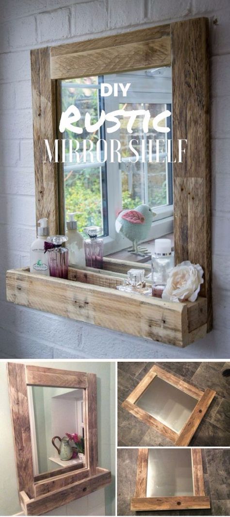 DIY Mirrors - DIY Rustic Mirror Shelf - Best Do It Yourself Mirror Projects and Cool Crafts Using Mirrors - Home Decor, Bedroom Decor and Bath Ideas Diy Rustic Mirror, Spiegel Diy, Mirror Shelf, Rustic Mirror, Rustic Mirrors, Mirror With Shelf, Design Del Prodotto, Diy Mirror, Easy Home Decor