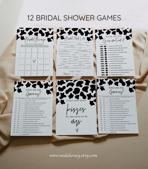 Cow Print Bridal Game Cow Wedding Shower Theme, Holy Cow Shes Getting Married, Bridal Shower Cow Theme, Cow Bridal Shower Themes, Highland Cow Bridal Shower Ideas, Cow Print Bridal Shower Ideas, Western Themed Bridal Shower Ideas, Cow Themed Bridal Shower Ideas, Farmhouse Bridal Shower Ideas