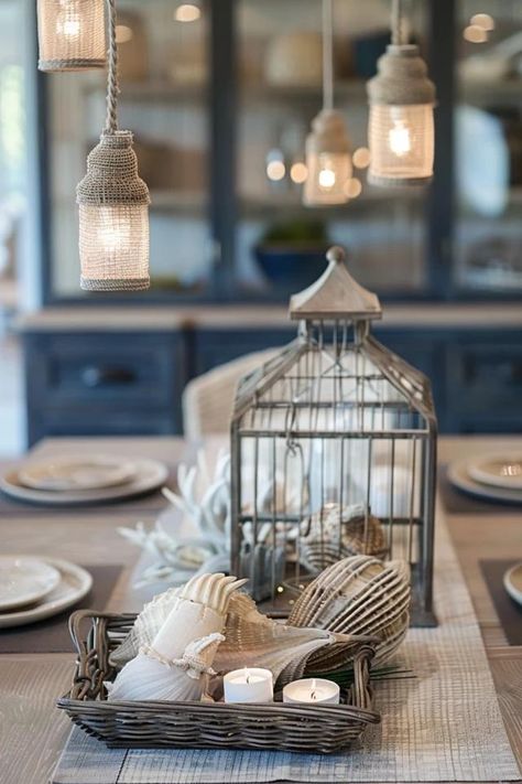 Coastal Dining Room Ideas for a Breezy Space Coastal Tablescapes Dining Room, Coastal Tray Decor Ideas, Coastal Dining Room Ideas, Coastal Table Decor, Beach House Decor Living Room, Coastal Ideas, Coastal Living Decor, Chic Office Decor, Coastal Kitchen Decor