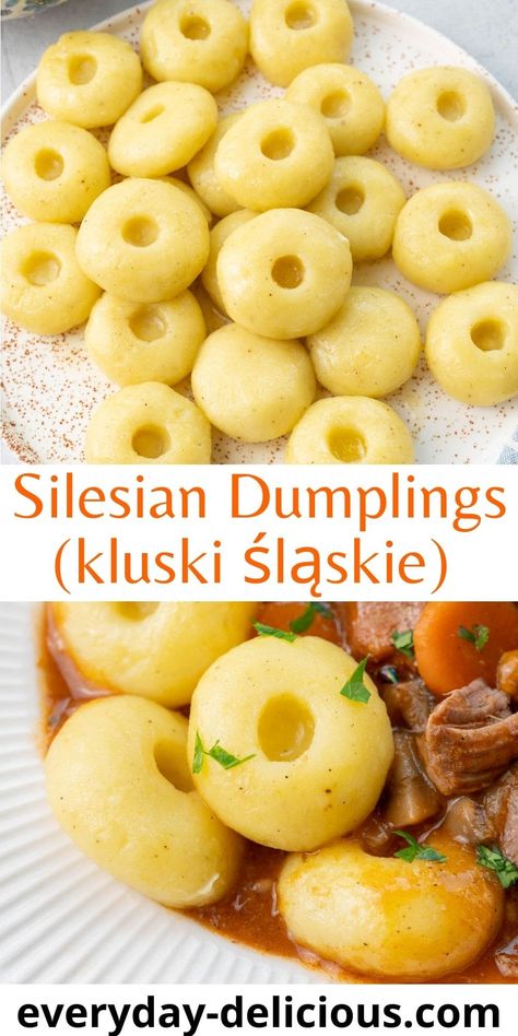 Kluski Śląskie (Silesian Dumplings) are traditional Polish dumplings that come from the Silesia region but are also very popular all over Poland. They are usually served with some kind of meat and gravy or mushroom sauce. They are made with just cooked mashed potatoes and potato starch (sometimes an egg). They are easy to make and kids love them! Silesian Dumplings, Potato Dumplings German, Polish Potato Dumplings, Meat And Gravy, Polish Food Traditional, Cooking Mashed Potatoes, Polish Dumplings, Creamy Dill Sauce, Mushroom Stew