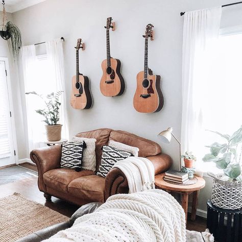 Guitars On Wall, Wall Above Couch, Room Colour Schemes, Hanging Guitars, Living Room Colour, Living Room Colour Schemes, Modern Bohemian Decor, Bohemian Living Room Decor, Above Couch