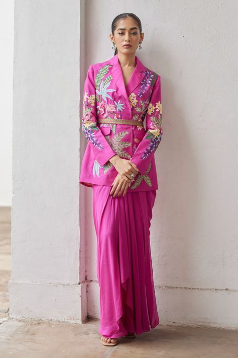 Shop for Betrue Pink Habutai Silk Floral Embroidered Jacket for Women Online at Aza Fashions Luxury Embroidered Outerwear With Traditional Drape, Luxury Floral Embroidered Sets For Traditional Ceremonies, Luxury Spring Outerwear With Embroidered Cuffs, Luxury Silk Outerwear With Zari Work, Luxury Floral Embroidered Outerwear For Festivals, Luxury Traditional Outerwear With Floral Print, Luxury Pink Embroidered Outerwear, Luxury Silk Outerwear With Floral Embroidery, Luxury Spring Outerwear With Zari Work