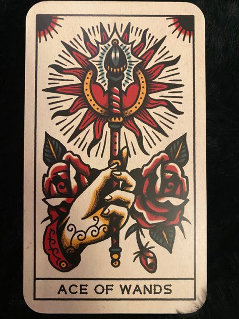 Traditonal Tattoo, Traditional Tarot Cards, Ace Of Wands, Tarot Cards Art Illustration, Wand Tattoo, Tarot Card Tattoo, Tarot Tattoo, Wands Tarot, Traditional Style Tattoo