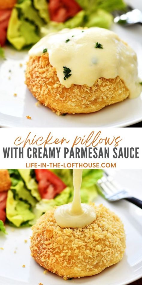 Chicken Pillows with Creamy Parmesan Sauce Apartment Meals, Life In The Lofthouse, Chicken Pillows, Simple Dishes, Creamy Parmesan Sauce, Chicken Entrees, Creamy Parmesan, Crescent Dough, Parmesan Sauce