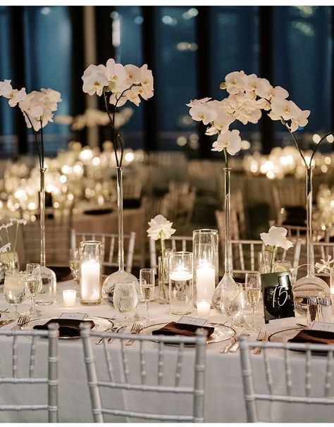 Orchid Centerpieces Wedding, Table With Candles, Long Table Centerpieces, Wedding Reception Candles, Dining Table Candles, Bud Vases Wedding, Minimalist Wedding Reception, Table Candles, Romantic Wedding Centerpieces