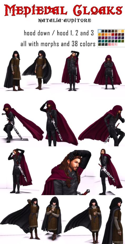 Medieval Cloaks by Natalia-Auditore  [#ts4_adult_hat]  [#ts4_adult_acc]  [#ts4_adult_outerwear]  [#ts4_bacc_elf]  [#ts4_bacc_dragon]  [#ts4_bacc_human]  [#ts4_eras_g3] Medieval Cloak, Sims Medieval, Sims Stories, Medieval Clothes, Sims 4 Mm Cc, Sims 4 Characters, Sims 4 Mm, Sims Four, Sims4 Clothes