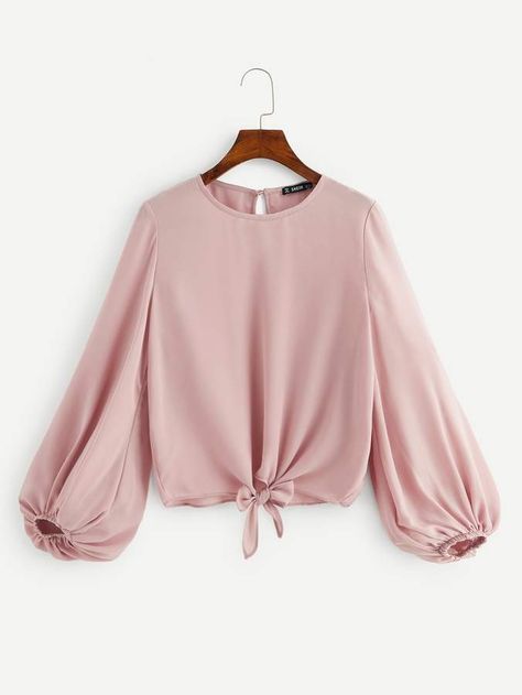 SheinShein Keyhole Back Lantern Sleeve Knot Hem Top Blouson Sleeve, Top Shein, Fashion Tops Blouse, Muslim Fashion Dress, Trendy Fashion Tops, Muslim Fashion Outfits, Muslimah Fashion Outfits, Crop Top Outfits, Hem Top