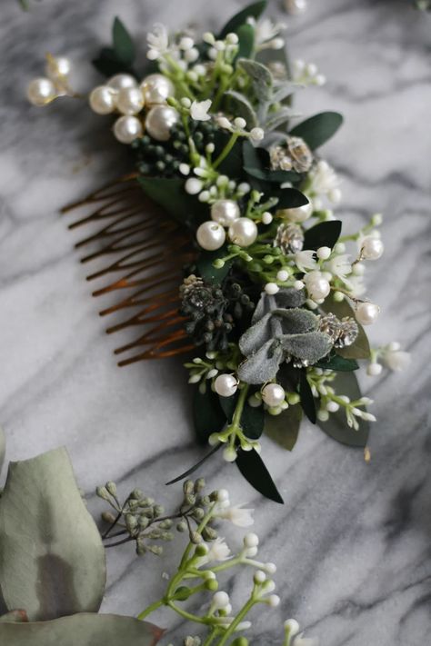 Eucalyptus Pearl Bridal Comb Babys Breath Bridal Hair Piece | Etsy Hair Down With Hair Piece, Eucalyptus Hair Piece, Wedding Hair Floral, Bridal Hair Piece, Eucalyptus Bridesmaid Dress, Pearl Wedding Decor, Pearl Wedding Decorations, Moss Green Wedding, Green Wedding Hair