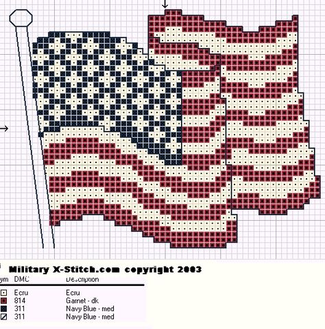 free USA flag from militaryx-stitch.com Patriotic Cross Stitch Patterns, American Flag Cross, Flag Cross Stitch, Patriotic Cross, Cross Stitch Freebies, 8bit Art, Hand Crafts, Plastic Canvas Patterns Free, Cross Stitch Needles