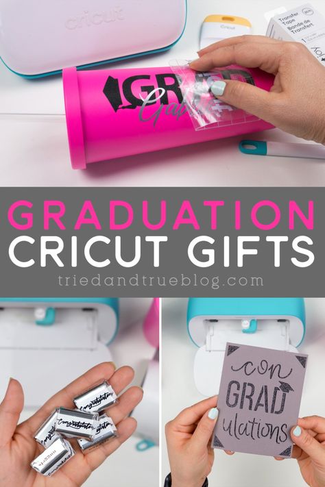 Collage of graduation gifts you can make with Cricut Joy: pink tumbler, chocolate wrappers, and card Graduation Gift Cricut Ideas, Graduation Vinyl Ideas, Customized Graduation Gifts, Graduation Sublimation Ideas, Circuit Graduation Projects, Graduation Gift Box Ideas Diy, Graduation Cricut Projects, Party Cricut Projects, Graduation Tumbler Ideas