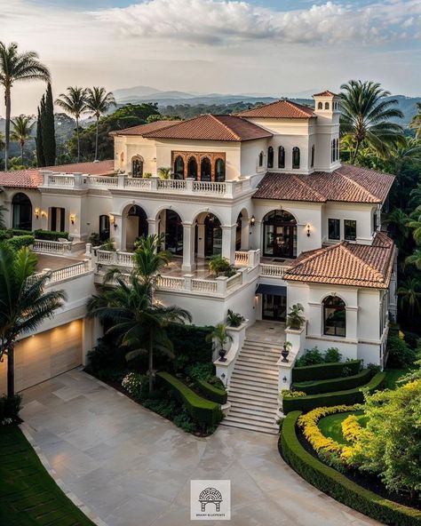 (22) Startseite / X Luxury House Exterior Aesthetic, Large Mansion Exterior, Hollywood Mansion Exterior, Medditeranean Villa, Big Villa Dream Houses, Mediterranean Homes Aesthetic, Spanish Architecture House, Old Money Interior Design, Old Money Interior