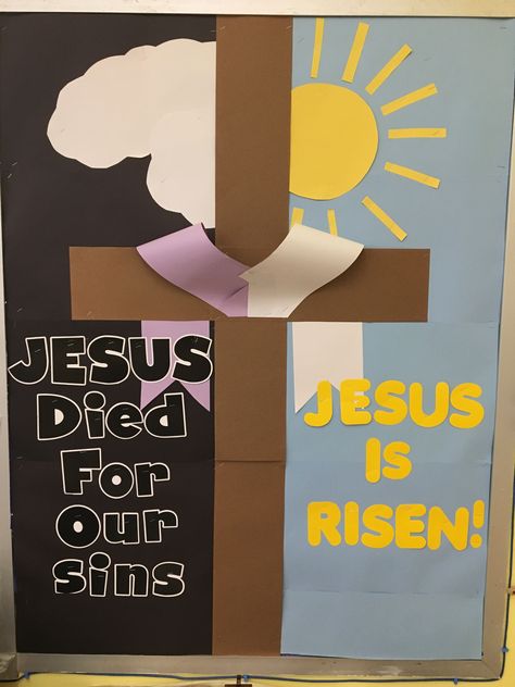 Lent And Easter Bulletin Boards, Easter Bulliten Board Ideas For Church, Christian Easter Door Decorations, Christian Easter Door Decorations Classroom, Christian Spring Bulletin Boards, Easter Poster Ideas, Easter Bulletin Boards For School, Lenten Bulletin Board Ideas, Lent Bulletin Board Ideas Catholic