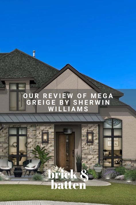 If a neutral paint color is what you’re after for your exterior but you want something more dynamic than a gray or beige, Mega Greige by Sherwin Williams might be for you. Read our full review here: https://bit.ly/3Wyagjq Exterior Paint Colors For House With Rock, Mega Griege Sherwin Williams Exterior House, Sherwin Williams Mega Greige Exterior, Greige Stucco House Exterior, Taupe Exterior Color Schemes, Mega Greige Exterior House, Bronze Windows Exterior Paint Colors, Perfect Greige Sherwin Williams Exterior, Mega Greige Exterior