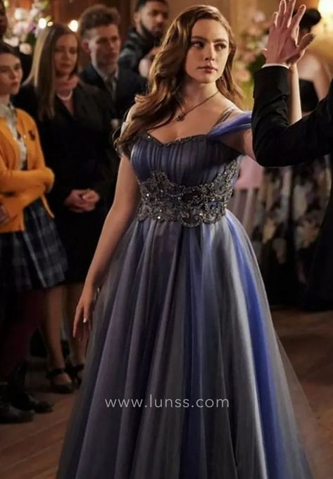 caroline forbes beaded blue and gray evening party gown The Originals Wallpaper, Daniella Rose, Tulle Long Dress, Caroline Dress, Legacy Tv Series, Grey Gown, Rainbow Pictures, Evening Party Gowns, Hope Mikaelson