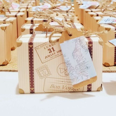 Hot Air Balloon Baby Shower | CatchMyParty.com Wedding Keepsake Boxes, Anniversary Party Favors, Destination Wedding Favors, Travel Party Theme, Paper Candy, Candy Packaging, Carton Invitation, Wedding Gift Boxes, Vintage Airplanes