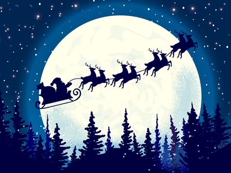 His reindeer and sleigh will be visible in the UK in the early hours of Christmas morning Santa Sleigh Silhouette, Santa Tracker, Trees Vector, Santa Is Coming, Reindeer And Sleigh, Santa And His Reindeer, Winter Sky, Silhouette Illustration, Santa Sleigh