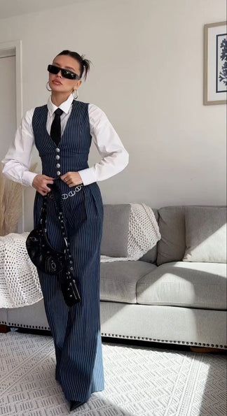 Pinstripe Wide Leg 2-piece Suit – Luxandluxy 3 Pieces Suit Woman, Woman Vintage Outfit, Blazer With Corset Outfit, Blue And Khaki Outfits For Women, Women In Pant Suits, Vest Set Outfits For Women, Women Suits Outfits, Grey Pinstripe Blazer Outfit, Formal Fits Women