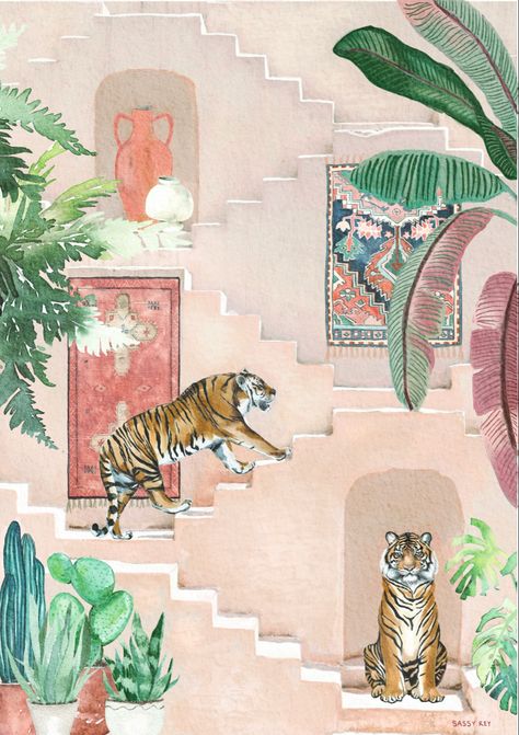 Tiger Walking, Retro Painting, Tiger Art, Art Wallpaper Iphone, Floral Artwork, White Canvas, Custom Artwork, Jaipur, Pattern Art