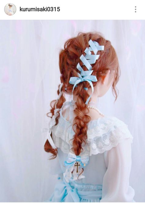 Corset Hair Braid, Braid Ribbon Hair, Corset Hairstyle, Corset Hair, Hairstyle With Ribbon, Corset Ribbon, Kawaii Hair, Kawaii Hairstyles, Makeup Hairstyle