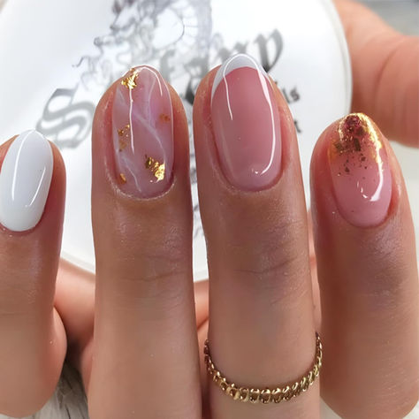 White French Tip Press on Nails Short Almond - WLGDLH Fake Nails Nude Powder False Nails Press Ons with Gold Leaf Design Full Cover White Nail Tips Acrylic Nail Art Kit for Women 24 Pcs. Gold Gel Nails Designs, Gold Leaf French Tip Nails, Nail Gel Ideas Classy, Gold Short Nails Ideas, Cute Short Almond Nail Ideas, Nude And Gold Almond Nails, White French Tip With Gold Design, Nude Nails White Design, Grad Nails Short