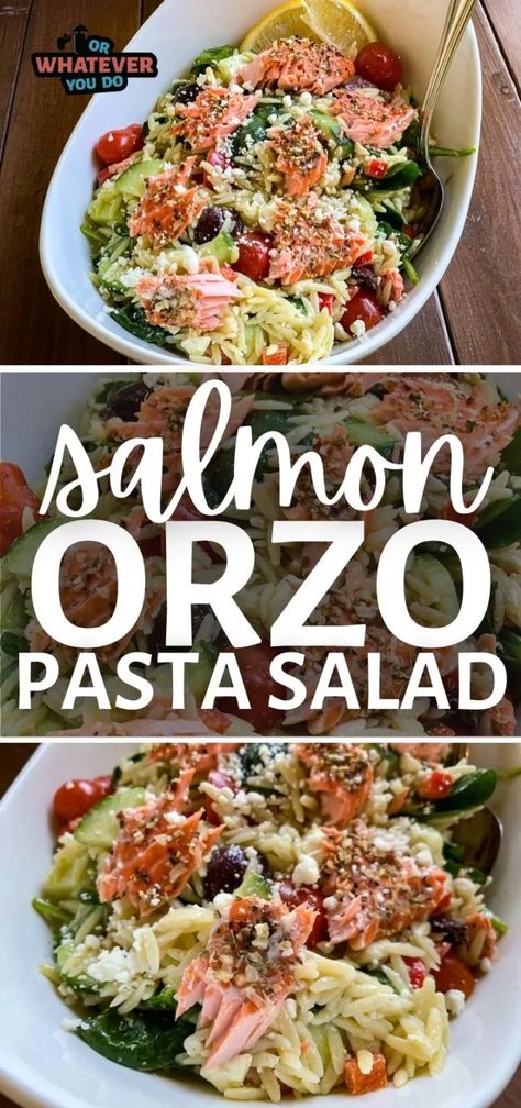 Easy Salmon Orzo Pasta Salad - Delicious grilled lunch or dinner recipe Salmon Orzo Recipe, Salmon Orzo, Pasta Salad Salmon, Smoked Chicken Recipes, Smoked Salmon Pasta, Orzo Salad Recipes, Outdoor Cooking Recipes, Salmon Salad Recipes, Orzo Pasta Salad