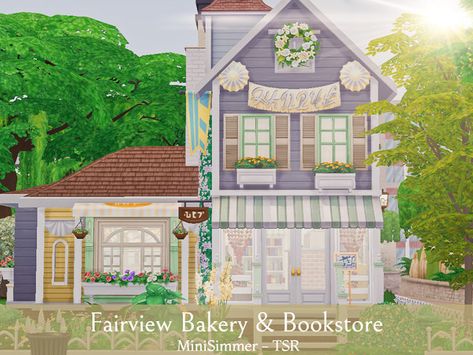 Mini Simmer's Fairview Bakery&Bookstore Sims4 Bakery, Sims 4 Bakery Build, Sims 4 Bakery Cc, Sims Bakery, Bakery Bookstore, Sims 4 Bakery, Sims 4 Cottage, The Sims 4 Lots, Beach Mansion