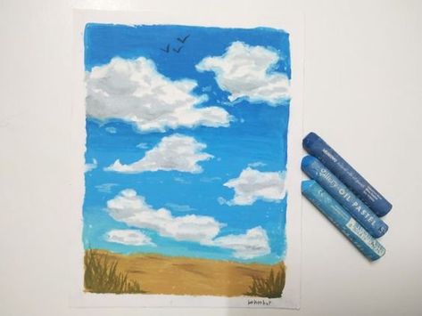 Simple Crayon Art, Sky Oil Pastel, Blend Oil Pastels, Season Painting, Sky Drawing, Drawing Sky, Oil Pastel Crayons, Sea Drawing, Chalk Pastel Art