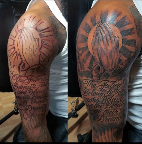 Tattoos On Biceps For Men, Shoulder Writing Tattoo Men, Tattoos To Connect Sleeve, Bible Verse Tattoos For Men Upper Arm, Biblical Shoulder Tattoos For Men, Tattoo Ideas For Men Forearm God, Sholdertatoos Man, Bible Verse Shoulder Tattoos, Strive For Greatness Tattoo