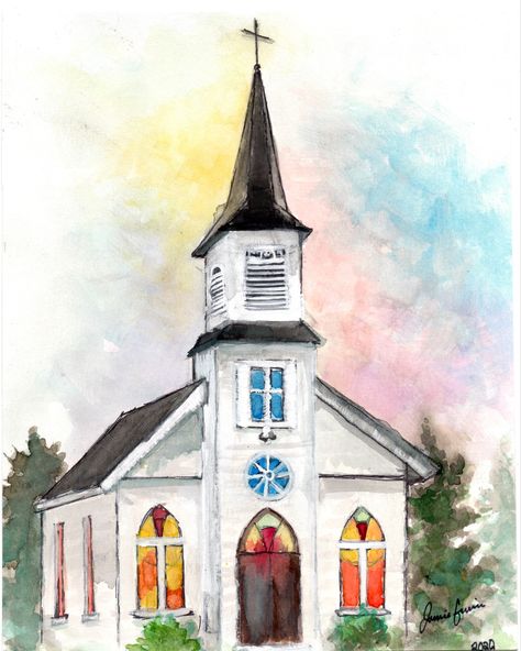 Church Painting On Canvas, Paint For Canvas, Church Watercolor, Watercolour Architecture, Journey With Jesus, Mother Mary Pictures, Wood Painting Ideas, Painted Houses, Church Painting