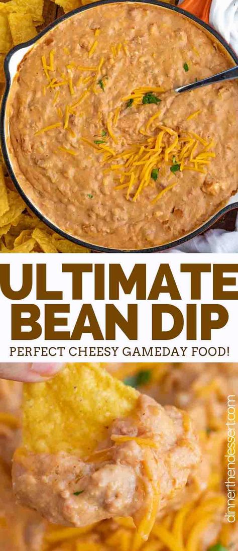 Ultimate Bean Dip made with refried beans, cream cheese, salsa, cheddar, and taco seasoning is the ultimate party dip, and is ready in only 5 minutes! #dip #appetizer #superbowl #party #tailgating #withcreamcheese #cheesy #homemade #best #taco #simple #dinnerthendessert Crock Pot Bean Dip, Dip Dinner, Hot Bean Dip, Refried Bean Dip, Dip Dip, Kraft Cheese, Bean Dip Recipes, Dessert Dip, Party Dip Recipes