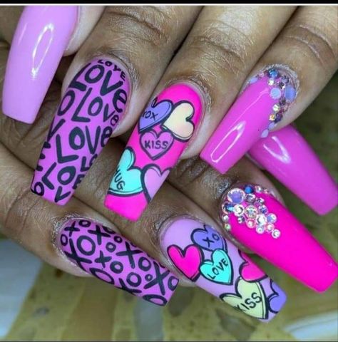 Valentines Candy Nails Designs, Valentines Pop Art Nails, Dark Purple Valentines Day Nails, Pop Art Valentines Nails, Pastel Valentines Nails, Candy Heart Nail Designs, Crazy Valentines Day Nails, February Nails Acrylic, Conversation Hearts Nails