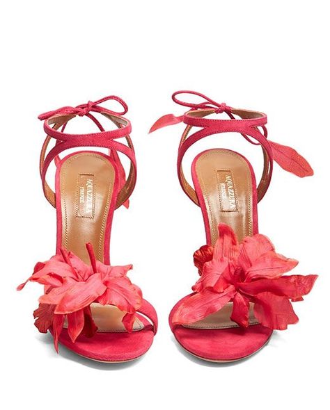 Discover The Top Ten Summer Party Accessories to buy now Wrap Around Sandals, Flower Print Shoes, Pink Suede Shoes, Aquazzura Sandals, Flower Heels, Wrap Shoes, Aquazzura Shoes, Tie Sandals, Flower Sandals