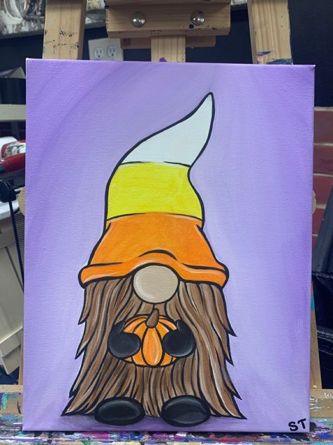 Halloween Nomes Painting, Halloween Small Paintings, Halloween Gnomes Drawings, Painting Fall Ideas On Canvas, Fall Halloween Canvas Painting, Gnome Halloween Painting, Easy Paintings For Halloween, October Painting Ideas Easy, Halloween Gnome Art