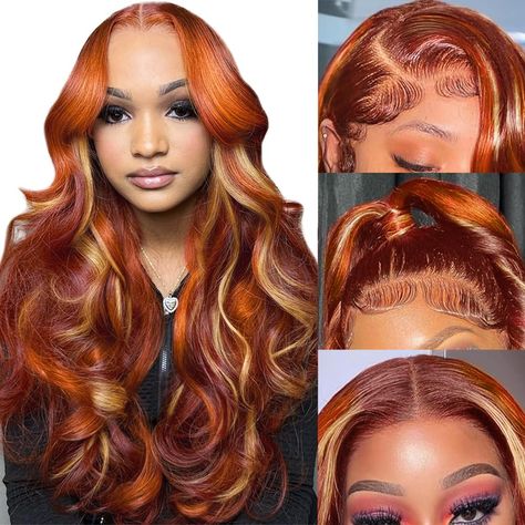 Ginger Wig With Highlights, Fall Colors Wigs, Colored Curly Wigs For Black Women, Fall Lace Front Wig, Ginger Wig Hairstyles, Baddie Wig Hairstyles, Blonde Highlight Wig, Wig With Highlights, Ginger Wig