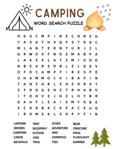 Camping Lesson Plan Activities, Kid Camping Activities, Camping Printables Free For Kids, Camping Word Search, Kids Camping Activities, Camping Worksheets, Word Search Free Printable, Camping Activites For Kids, Kids Nature Activities