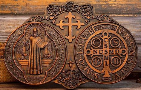 Catholic Saints Images, St Benedict Cross, Pope Leo, Spiritual Prayers, Religious Wall Decor, Saint Benedict, The Lords Prayer, 11th Century, Wood Carved