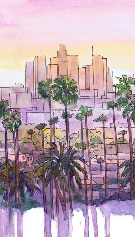 Resonance Art, Los Angeles Painting, Skyline Watercolor Painting, California Drawing, Sunset Cityscape, Los Angeles Wall Art, Los Angeles Poster, Az Art, Skyline Artwork