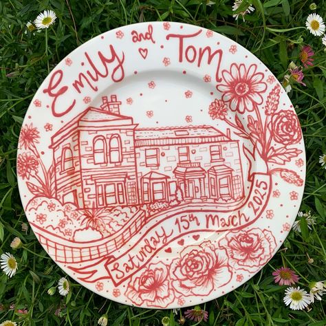 Eeee a pink one! This special wedding gift is for Emily and Tom Commissioned by @beccataverner - thank you so much ✨💗🏠 A custom Pink illustration on a 20cm rimmed plate 💗🎨✨ (this shade of pink was hand mixed by myself to make sure it was dark enough to show all the details) Commissions are open - check out my website 🤍✨⭐️ #art #artist #ceramics #pottery #painting #illustrator #ceramicstudio #potterytiktok #potterypainting #painter #potteryart #ceramicpainter #floral #bisqueware #weddingi... Paint Pen Ideas, Pink Illustration, Special Wedding Gifts, Pen Ideas, Painted Ceramic Plates, Red Plates, Diy Ceramic, Ceramic Platters, Small Acts Of Kindness