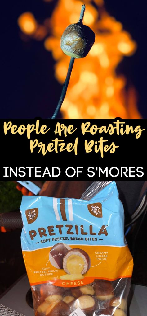 People are roasting pretzels bites rather than s'mores by a campfire. Camping Treats Over Fire, Roasting Over A Campfire, Foods To Roast On Campfire, Easy Campfire Snacks, Fire Pit Snacks, Beach Bonfire Food Ideas, Campfire Snacks Fire Pits, Bonfire Snacks, Pretzels Bites