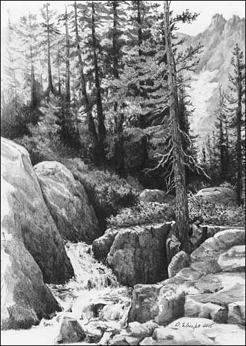 'Ansel Adams Trail' by Diane Wright Graphite Pencil Drawings, Landscape Pencil Drawings, Pencil Drawing Tutorials, Landscape Sketch, Pencil Shading, Drawing Hair, Charcoal Drawings, White Drawing, Nature Drawing