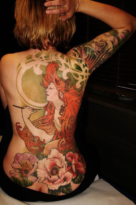 Mucha Inspired Tattoo, Art Nouveau Back Piece Tattoo, Art Neuvo Tattoos, Stray Tattoo, Art Nouveau Back Tattoo, Art Neauveau Tattoos, Pin Up Tattoos For Women, Stained Glass Tattoo Ideas, Alphonse Mucha Tattoo