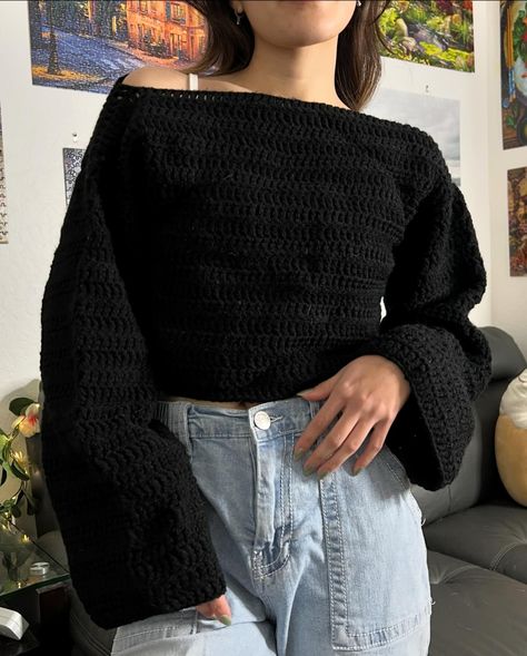 crochet sweater tutorial & free pattern out now! super basic, so you can customize it (I made mine cropped and off-shoulder!) it uses treble crochets, so it works up quick and it drapes very well. it can easily be subbed for a different stitch, though! pattern is also available in #3 and #4 yarn! the multicolored one is DK yarn and the black one is medium weight yarn #crochetsweaterpattern #crochetsweater #crochettop #crochettops #crochetpattern #crochetinspo #crochetideas Drop Shoulder Sweater Pattern, Crochet Sweater Tutorial, Black Crochet Sweater, Sweater Tutorial, Jacket Crochet, Crochet Sweater Pattern Free, Medium Weight Yarn, Crochet Clothing And Accessories, Treble Crochet Stitch