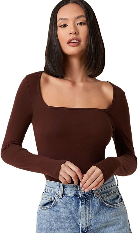 Cute basic Brown t-shirt top that goes with everything. -Soft Fabric -Pull On closure -Long sleeve, square neckline, form fitted, basic tee shirt top -Fabric has some stretch -Great to pair with shorts, skirts, jeans, sweatpants, overalls and pants -Model Measurements: Height: 68.1 inch, Bust: 31.9 inch, Waist: 24 inch, Hips: 33.9 inch. Wear: S Square Neck Long Sleeve Top, Square Neck Long Sleeve, Plus Size Brands, Fitted Tee, Womens Basic, Knit Tees, Top Fabric, Amazon Women, Nice Tops