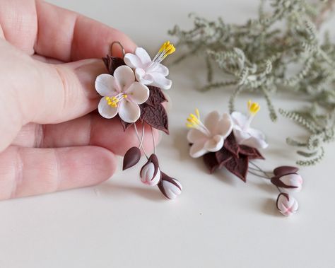 Romantic Wedding Earrings, Cherry Blossom Earrings, Cherry Flowers, Wedding Flower Jewelry, Pink Flower Earrings, Polymer Flowers, Blush Earrings, Flowers Earrings, Brown Leaves