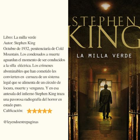 La milla verde novela del autor Stephen King fue publicada en seis entregas en la primera edición, su adaptación cinematográfica Milagros inesperados fue nominada a cuatro premios de la academia. ¿Ya leíste este libro? Si es así, cuéntanos en los comentarios que te pareció. Stephen King