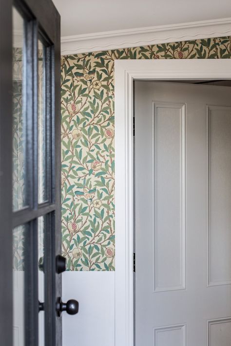 Our Cottage Renovation Update - Cottonwood & Co Wallpaper Accent Wall Kitchen, William Morris Tapet, Hallway Utility, Accent Wall Kitchen, Inset Cabinetry, Morris Homes, Cottage Wallpaper, William Morris Wallpaper, Ship Lap