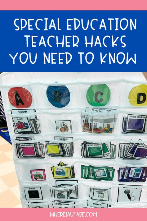 Special education teachers, these hacks will be a game changer in your classroom! If you are struggling with classroom organization, data collection, or prepping your classroom materials, these tips and trick are for you. They are by far my favorite special education teacher tricks to not only help you stay organized by all keep up with all the day to day aspects of being a special education teacher. Don’t sleep on these special education teacher hacks. Calming Special Education Classroom, Anchor Charts For Special Education, Preschool Special Education Activities Early Childhood, Open House Special Education, Inclusion Classroom Setup, Early Childhood Special Education Room, Ese Classroom Ideas, Special Education Classroom Must Haves, Special Education Resource Classroom