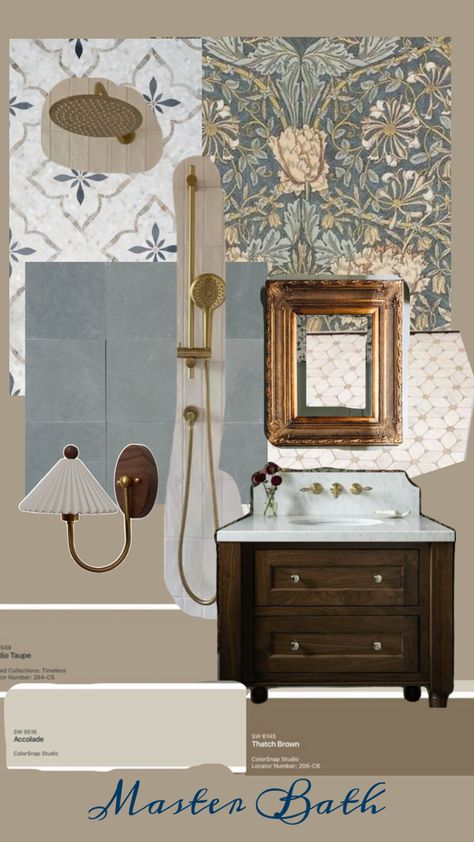 Light Blue Master Bath, Blue Tan Bathroom, English Cottage Style Bathroom, Mediterranean Powder Room Ideas, Stoffer Bathroom, English Style Bathroom, Brown Powder Room, Small Victorian Bathroom, Bathroom With Wallpaper