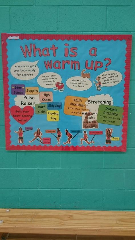 Warm Up PE Display Board by Alex :) Physical Education Bulletin Boards, Pe Bulletin Boards, Physical Education Lesson Plans, Pe Lesson Plans, Elementary Physical Education, Elementary Pe, Physical Education Lessons, Board Classroom, Pe Activities